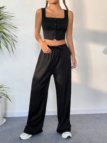 Buy SHEIN Button Front Tank Top & Wide Leg Pants in Pakistan