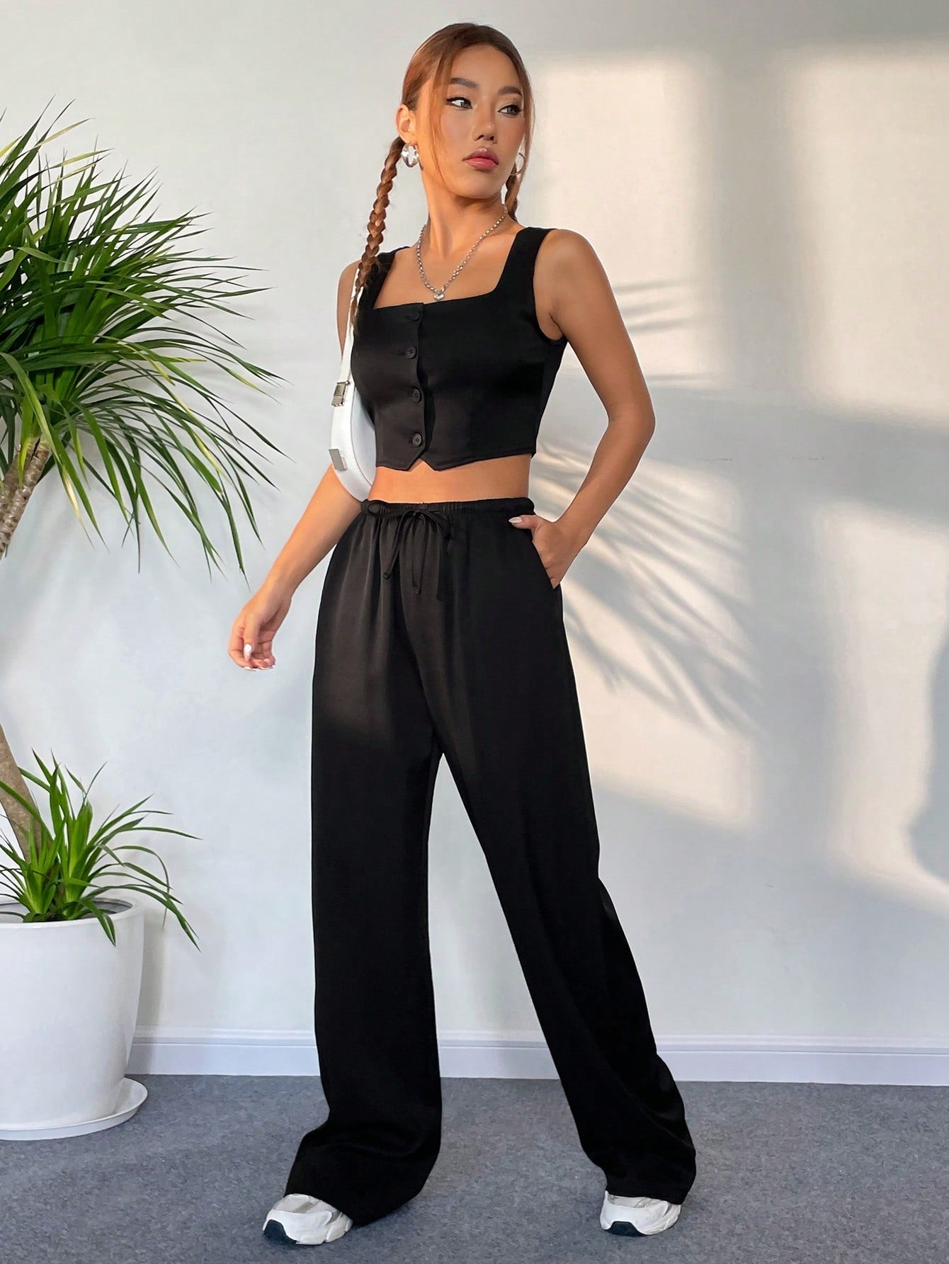 Buy SHEIN Button Front Tank Top & Wide Leg Pants in Pakistan