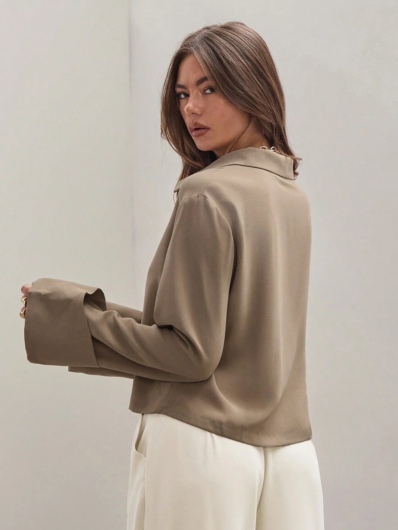 Buy SHEIN COSMINA Women's Plain Khaki Front Tie Long Sleeve Minimalist Business Casual Work Shirt, Casual Daily Wear FAll,Long Sleeve Tops in Pakistan