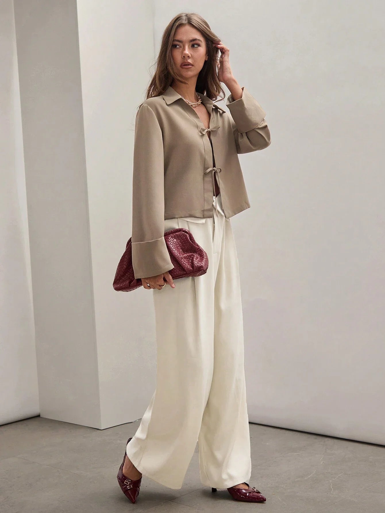 Buy SHEIN COSMINA Women's Plain Khaki Front Tie Long Sleeve Minimalist Business Casual Work Shirt, Casual Daily Wear FAll,Long Sleeve Tops in Pakistan