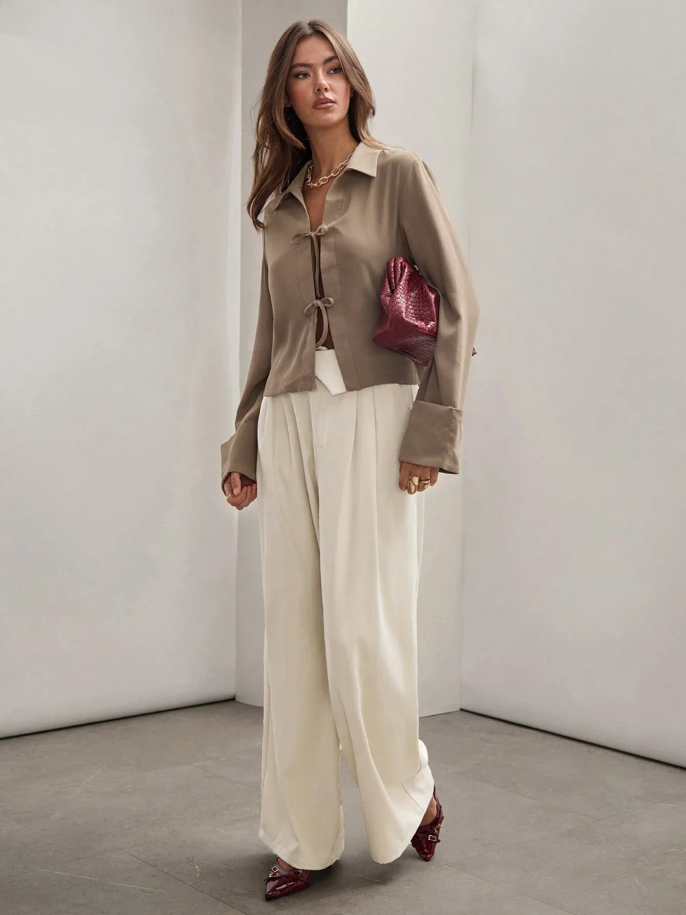 Buy SHEIN COSMINA Women's Plain Khaki Front Tie Long Sleeve Minimalist Business Casual Work Shirt, Casual Daily Wear FAll,Long Sleeve Tops in Pakistan
