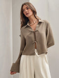 Buy SHEIN COSMINA Women's Plain Khaki Front Tie Long Sleeve Minimalist Business Casual Work Shirt, Casual Daily Wear FAll,Long Sleeve Tops in Pakistan