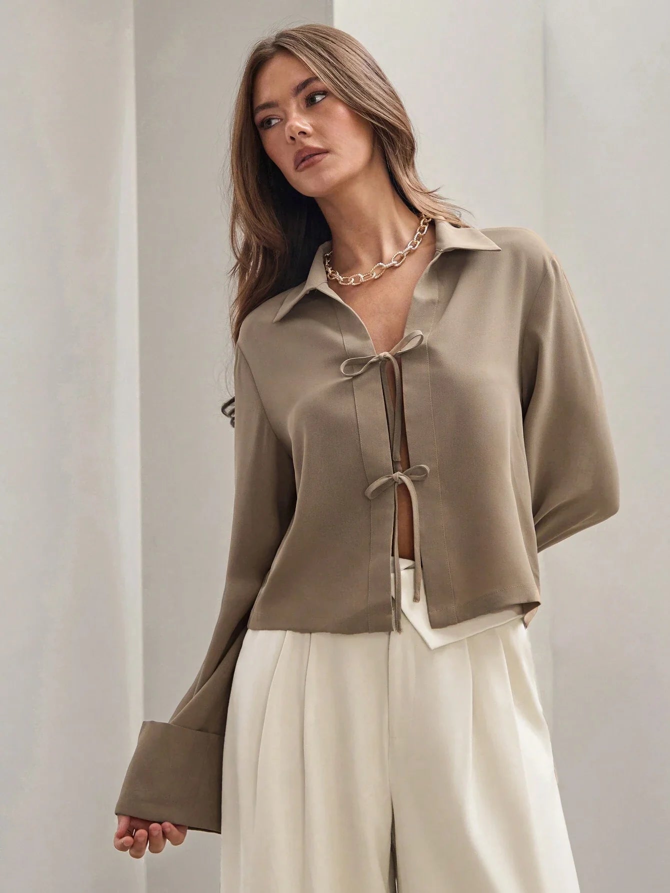 Buy SHEIN COSMINA Women's Plain Khaki Front Tie Long Sleeve Minimalist Business Casual Work Shirt, Casual Daily Wear FAll,Long Sleeve Tops in Pakistan