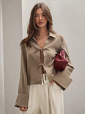Buy SHEIN COSMINA Women's Plain Khaki Front Tie Long Sleeve Minimalist Business Casual Work Shirt, Casual Daily Wear FAll,Long Sleeve Tops in Pakistan