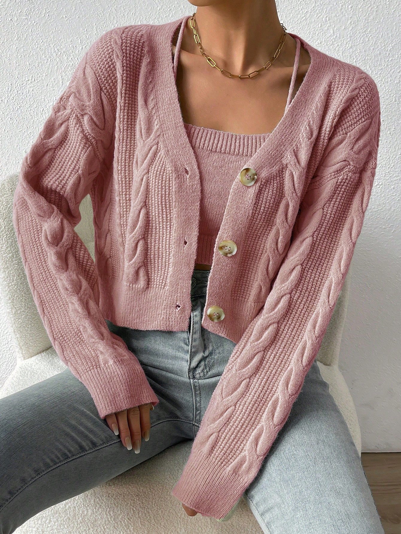 Buy SHEIN Cable Knit Drop Shoulder Cardigan & Cami Knit Top in Pakistan