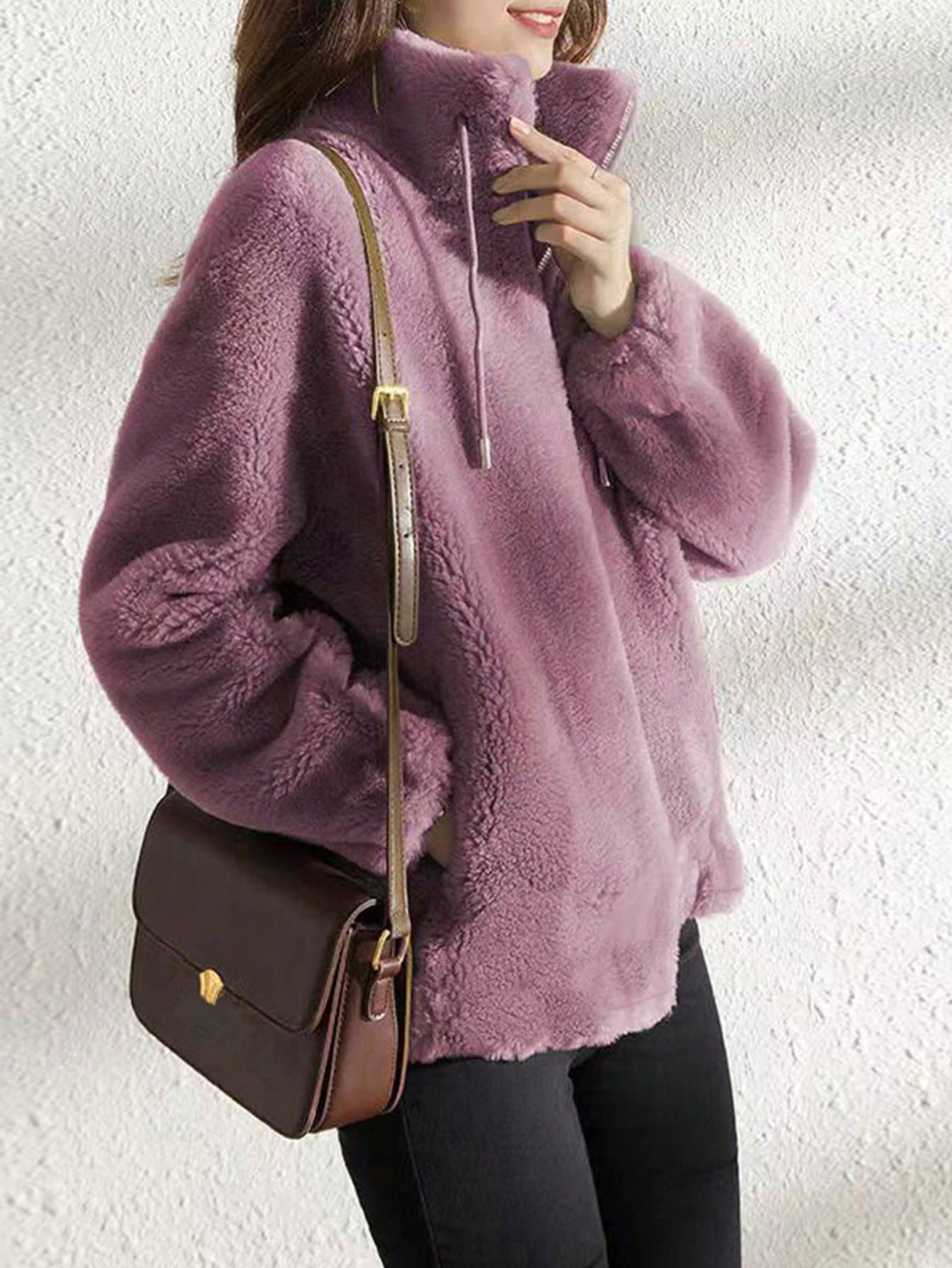 Buy SHEIN Casual Solid Color Double Fleece Stand Collar Jacket For Autumn/Winter in Pakistan