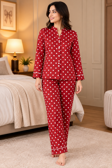 Buy Reddish White Dots Linen Pajama Set in Pakistan