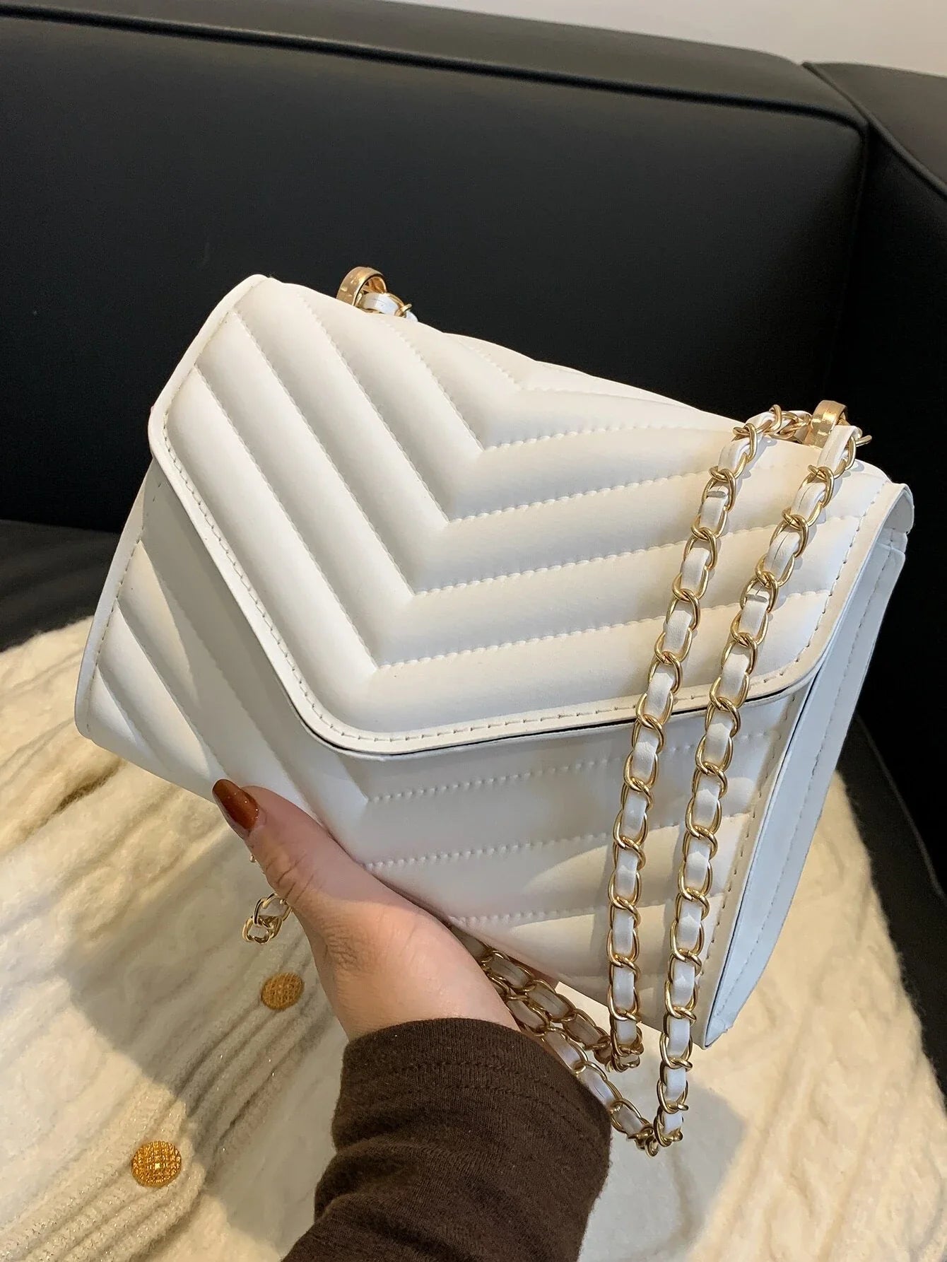 Buy SHEIN Chevron Detail Chain Square Bag, Minimalist Flap Shoulder Bag in Pakistan