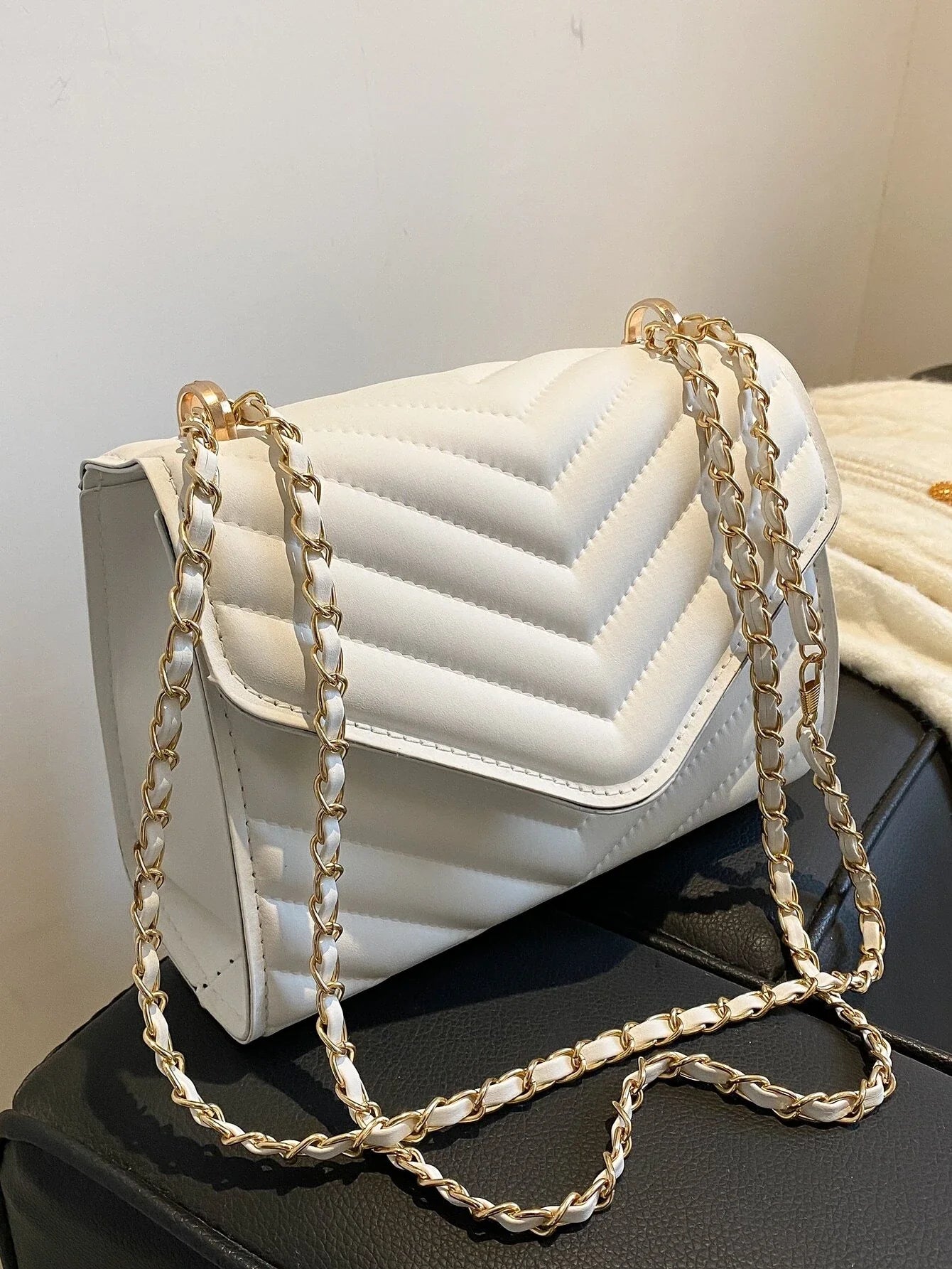 Buy SHEIN Chevron Detail Chain Square Bag, Minimalist Flap Shoulder Bag in Pakistan