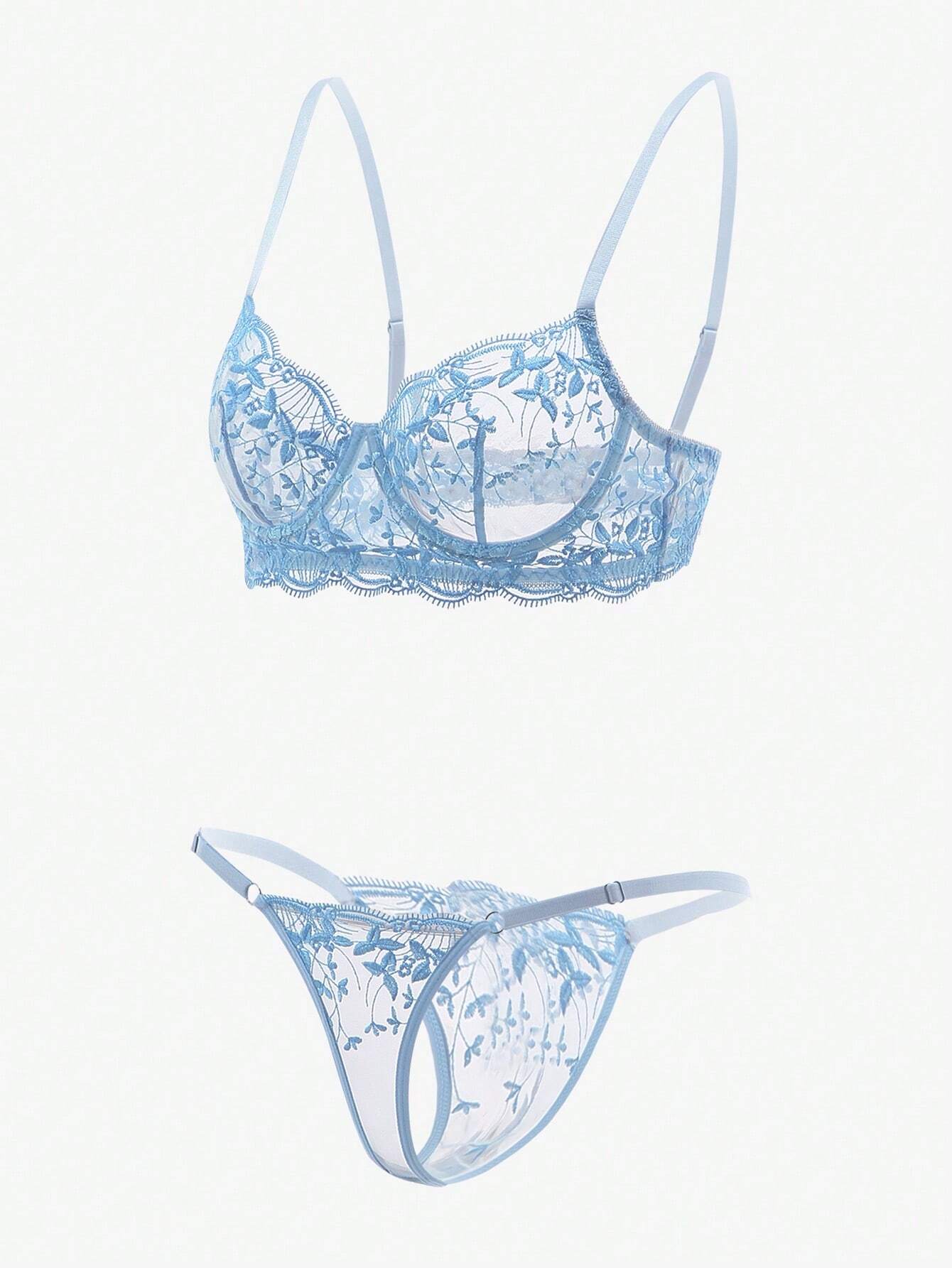 Buy SHEIN Classic Sexy Embroidered Mesh Underwire Lingerie Set in Pakistan