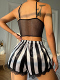 Buy SHEIN Contrast Lace Cami Top & Striped Shorts PJ Set in Pakistan
