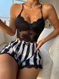 Buy SHEIN Contrast Lace Cami Top & Striped Shorts PJ Set in Pakistan