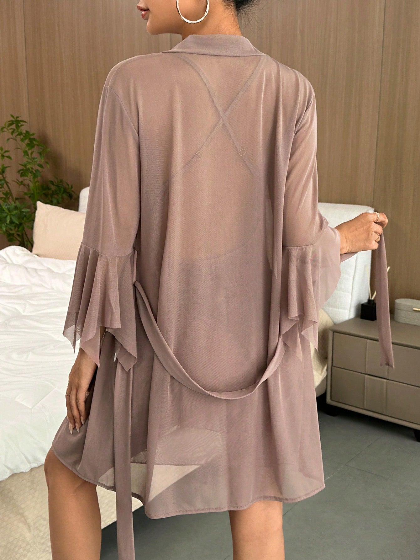 Buy SHEIN Contrast Lace Flounce Sleeve Bow Front Mesh Robe & Cami Dress PJ Set in Pakistan