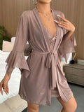 Buy SHEIN Contrast Lace Flounce Sleeve Bow Front Mesh Robe & Cami Dress PJ Set in Pakistan