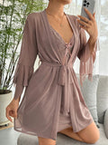 Buy SHEIN Contrast Lace Flounce Sleeve Bow Front Mesh Robe & Cami Dress PJ Set in Pakistan