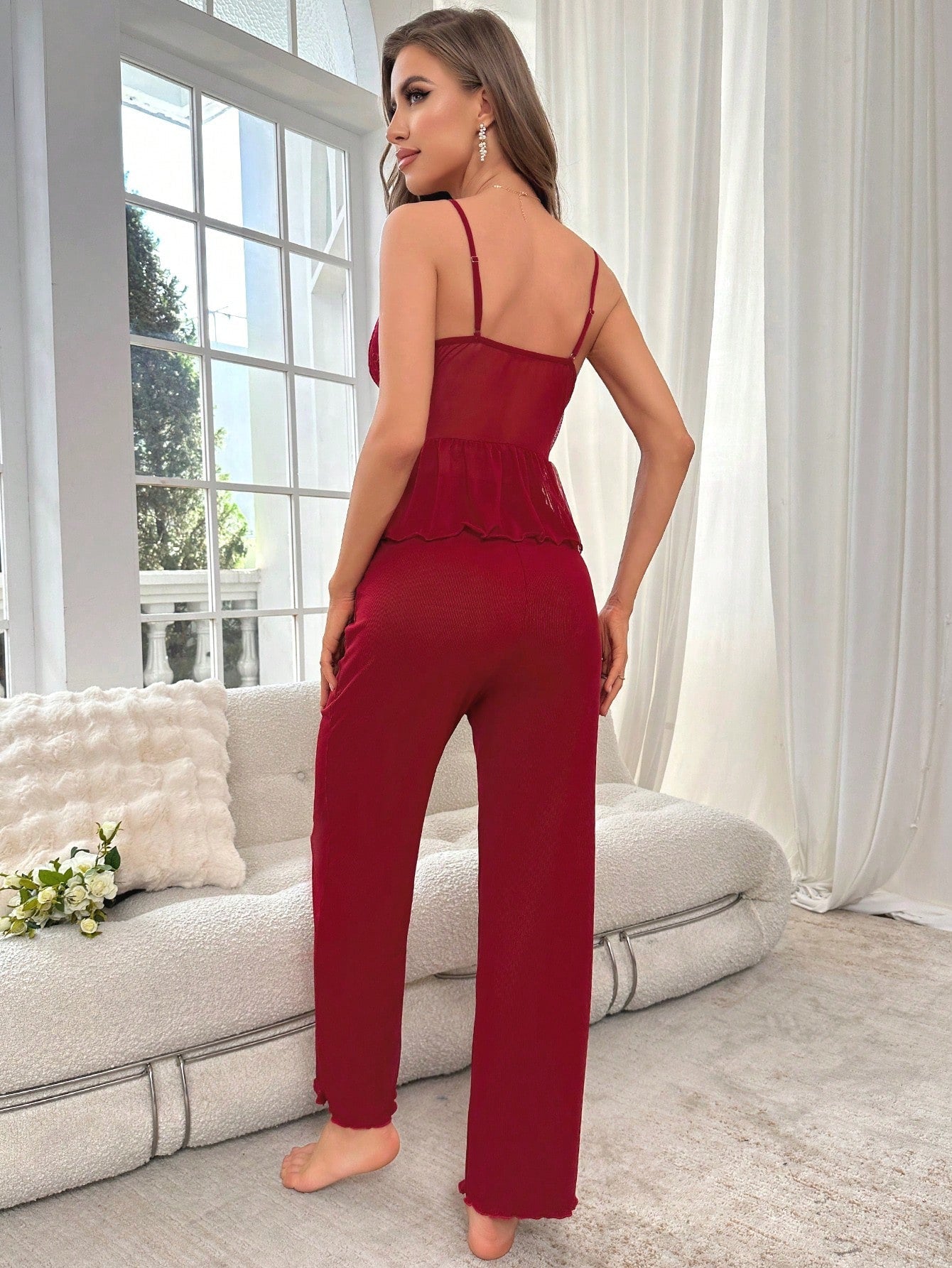 Buy SHEIN Contrast Lace Lettuce Trim Cami Top & Pants PJ Set in Pakistan
