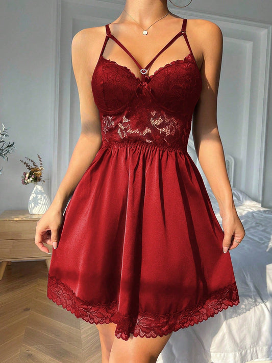 Buy SHEIN Contrast Lace Satin Cami Nightdress in Pakistan