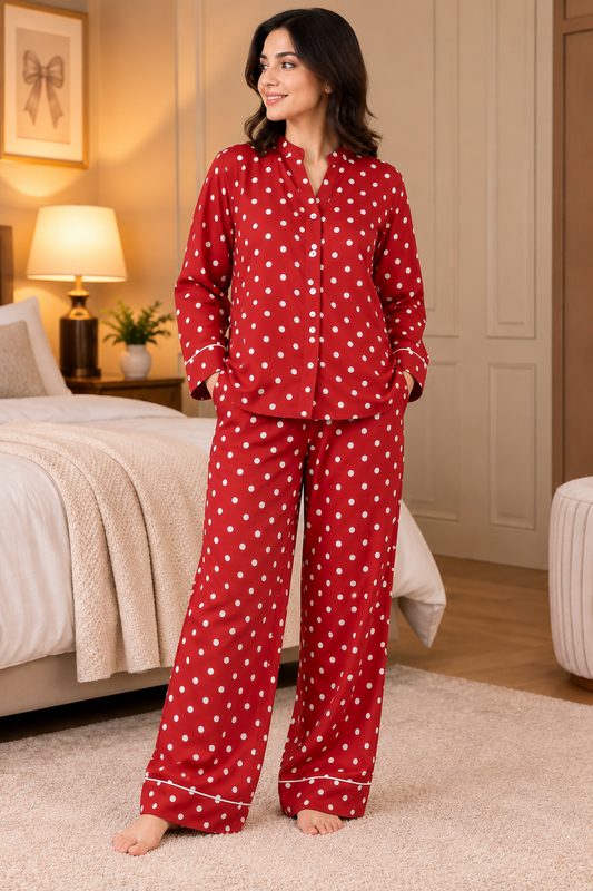 Buy Reddish White Dots Linen Pajama Set in Pakistan