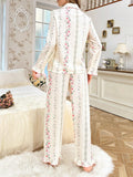 Buy SHEIN CottageSlumber 2pcs/Set Ruffled Collar Open Front Bubble Texture Printed Pajama Set in Pakistan