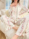 Buy SHEIN CottageSlumber 2pcs/Set Ruffled Collar Open Front Bubble Texture Printed Pajama Set in Pakistan