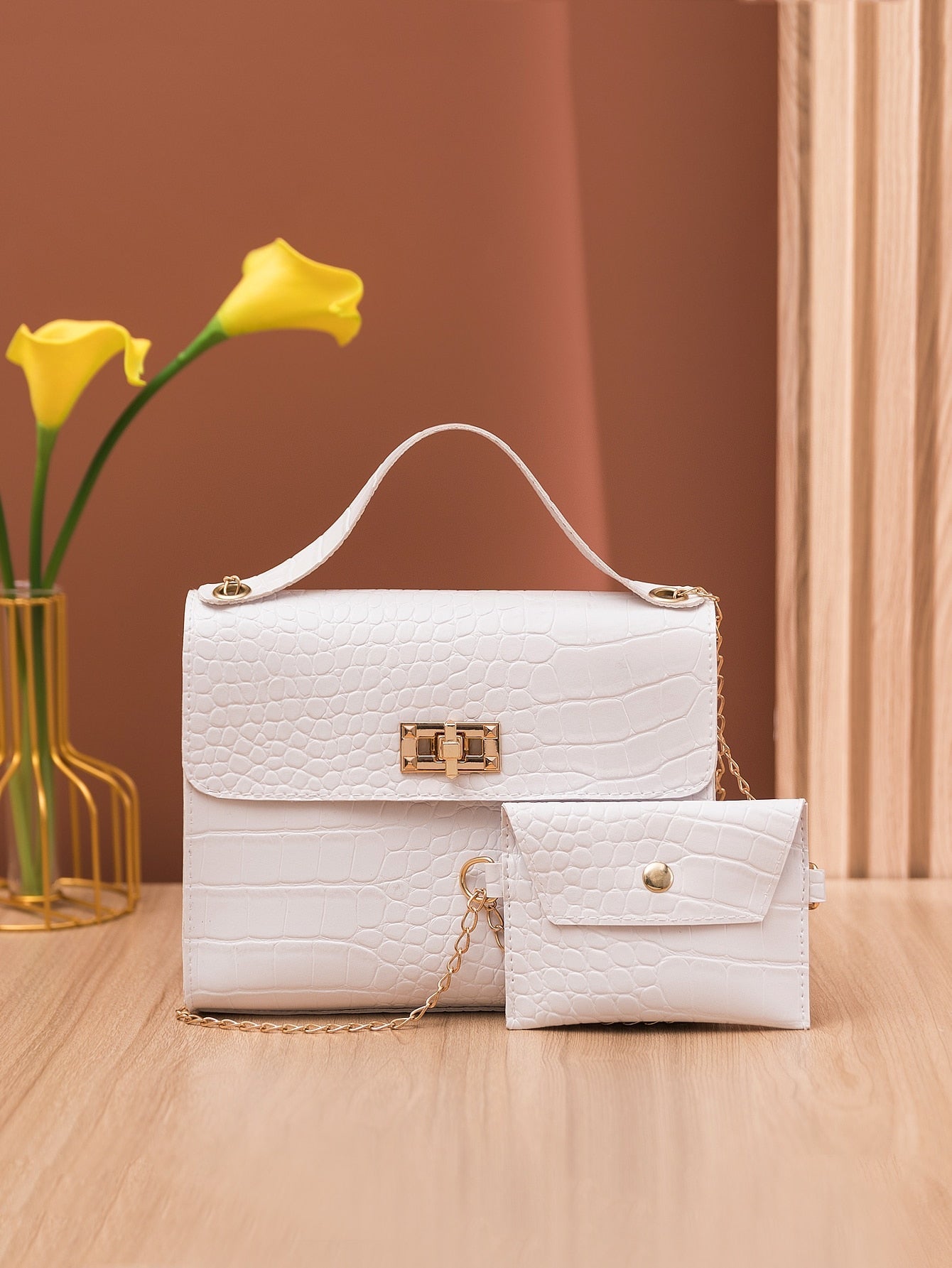 Buy SHEIN Crocodile Embossed Twist Lock Square Bag With Small Pouch in Pakistan
