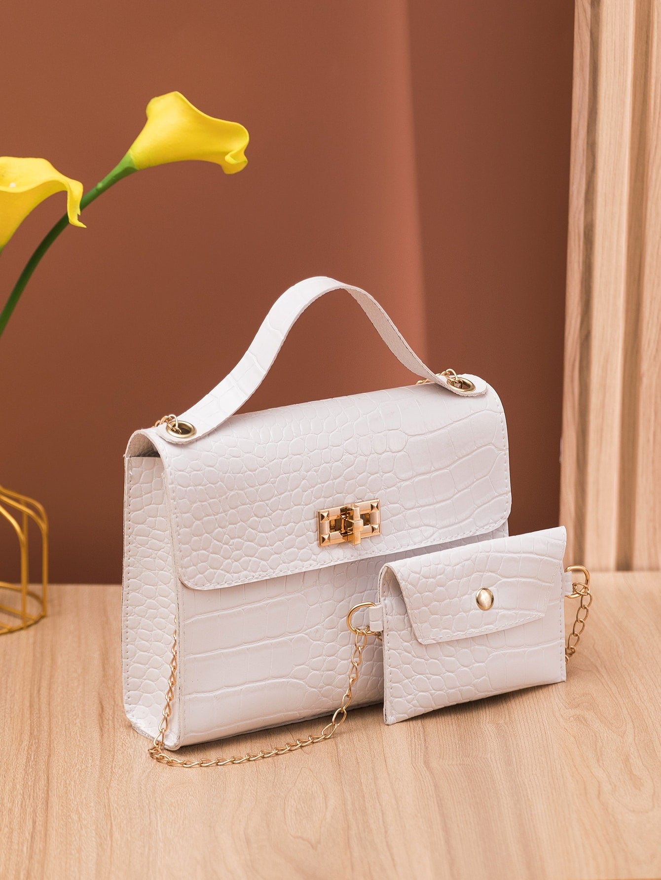 Buy SHEIN Crocodile Embossed Twist Lock Square Bag With Small Pouch in Pakistan