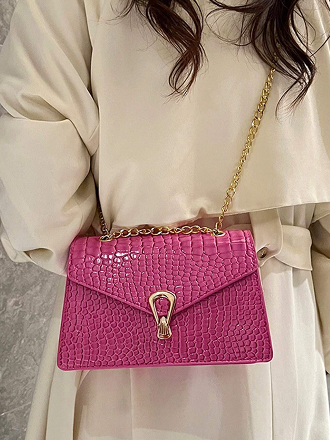 Buy SHEIN Crocodile Pattern Flap Small Square Bag Metal Trim Fashion Shoulder Bag in Pakistan