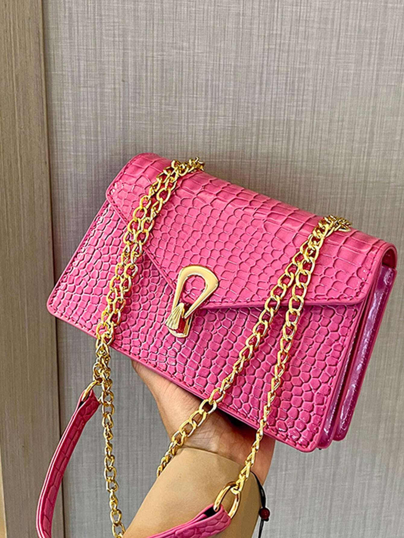 Buy SHEIN Crocodile Pattern Flap Small Square Bag Metal Trim Fashion Shoulder Bag in Pakistan