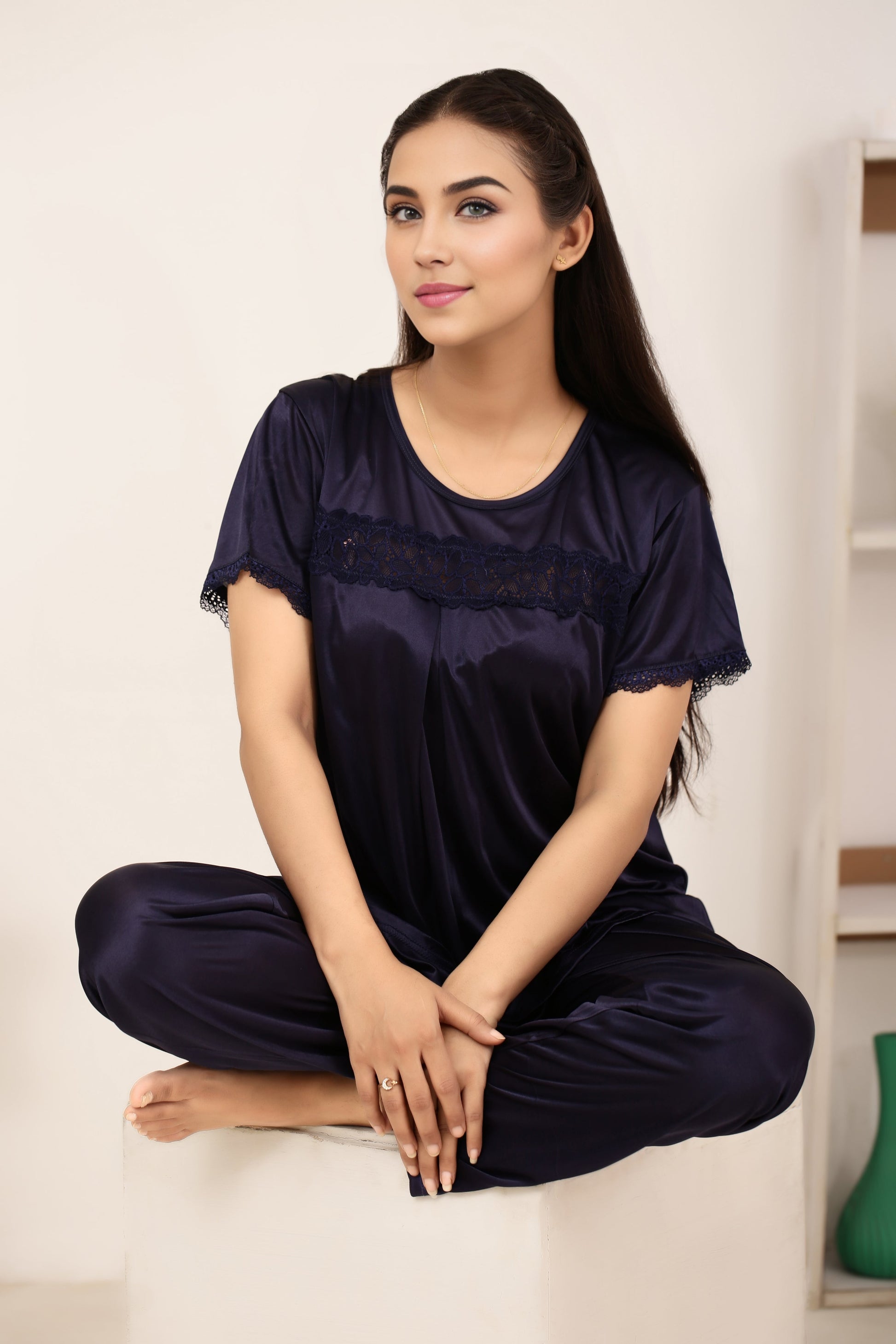 Buy Sajiero Silk PJ Set - Cenra - Dark Blue in Pakistan