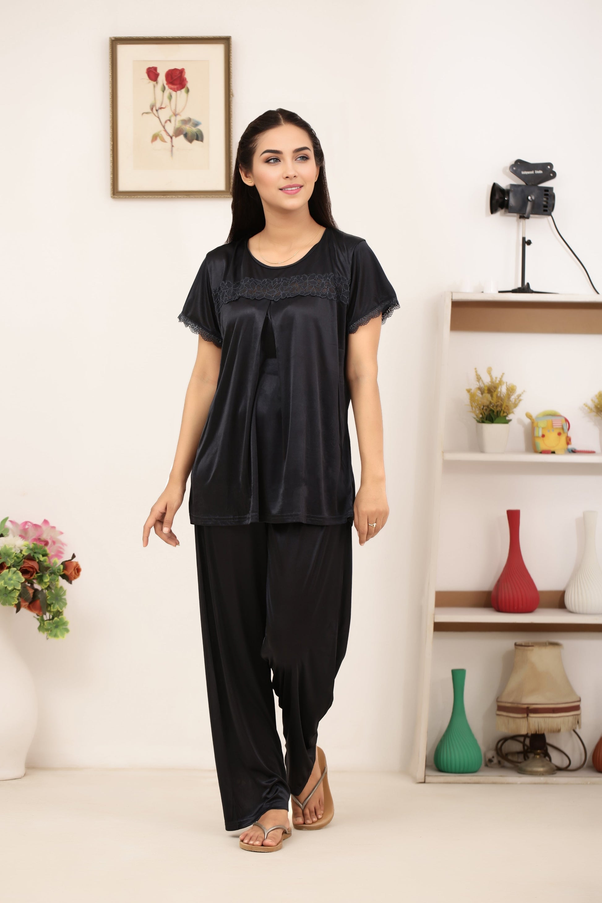 Buy Sajiero Silk PJ Set - Cenra - Black in Pakistan
