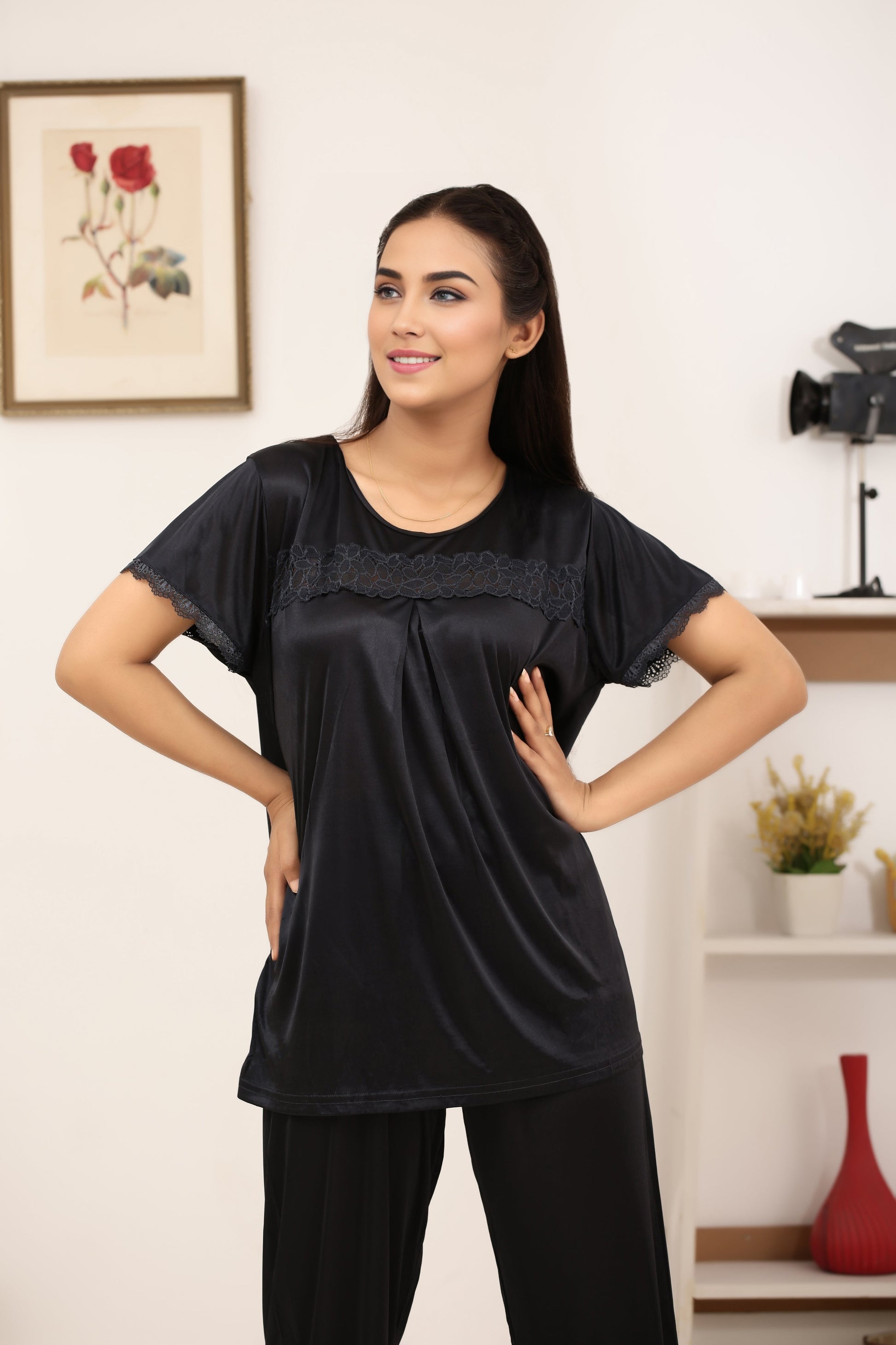 Buy Sajiero Silk PJ Set - Cenra - Black in Pakistan
