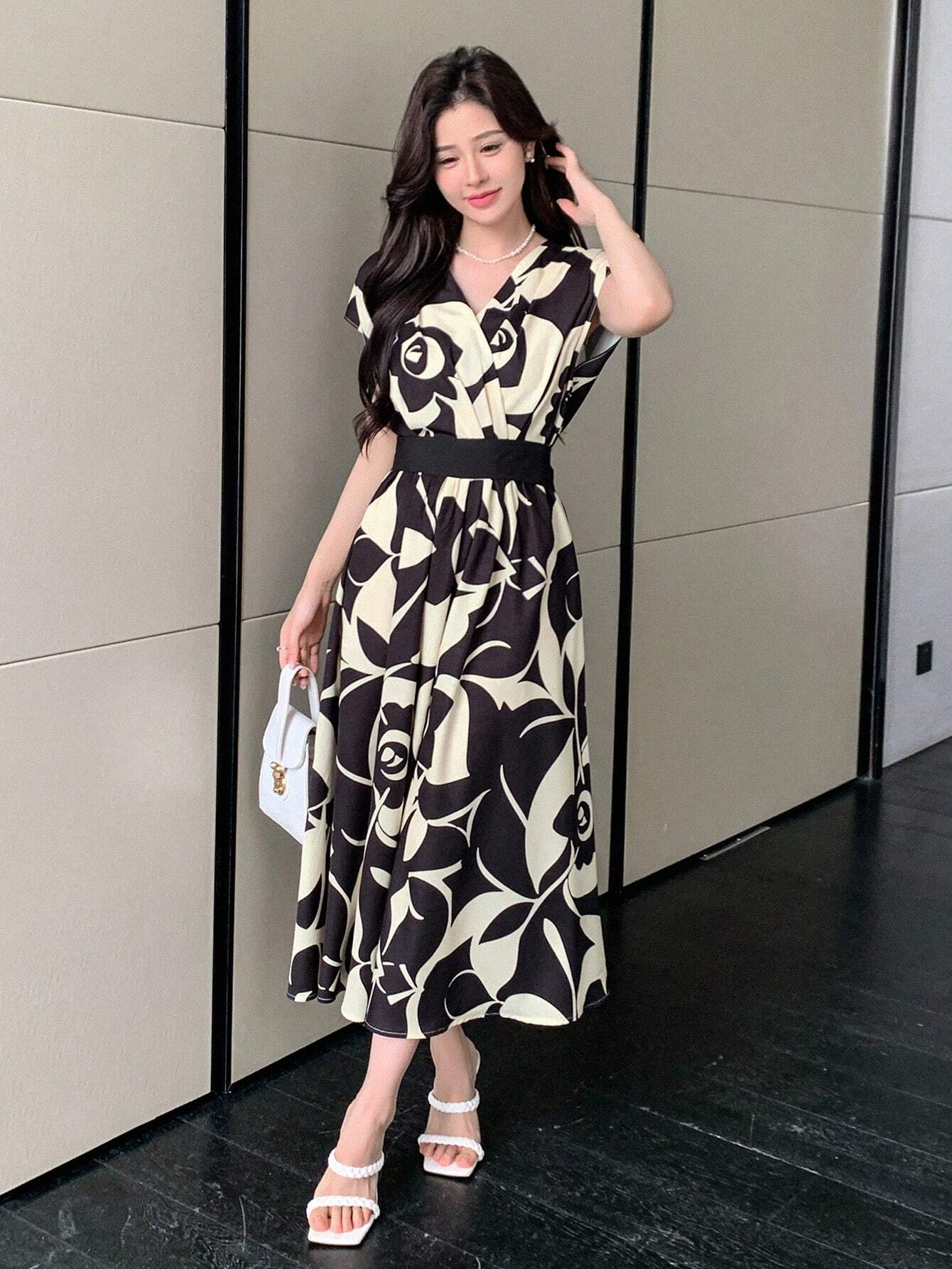 Buy SHEIN DAZY Allover Flowers Print Belted Short Dress in Pakistan