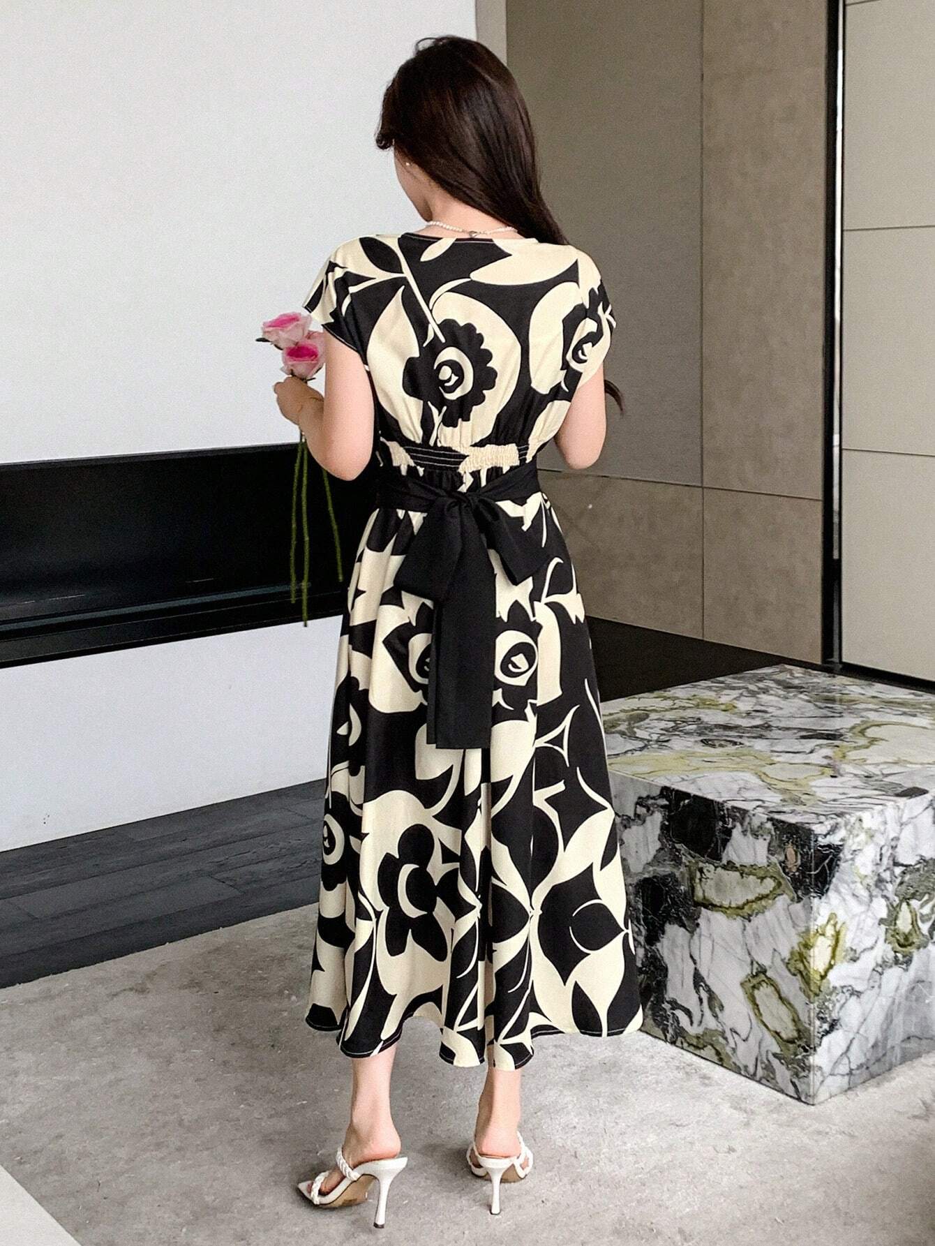 Buy SHEIN DAZY Allover Flowers Print Belted Short Dress in Pakistan