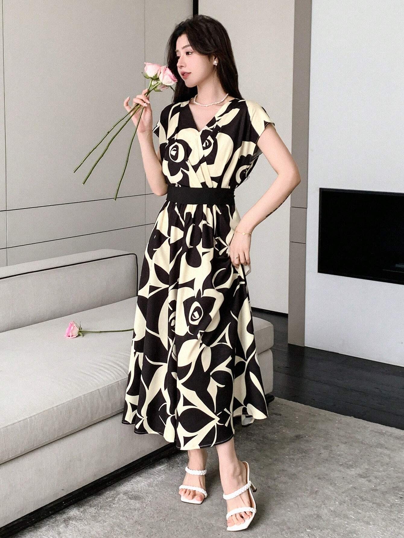Buy SHEIN DAZY Allover Flowers Print Belted Short Dress in Pakistan