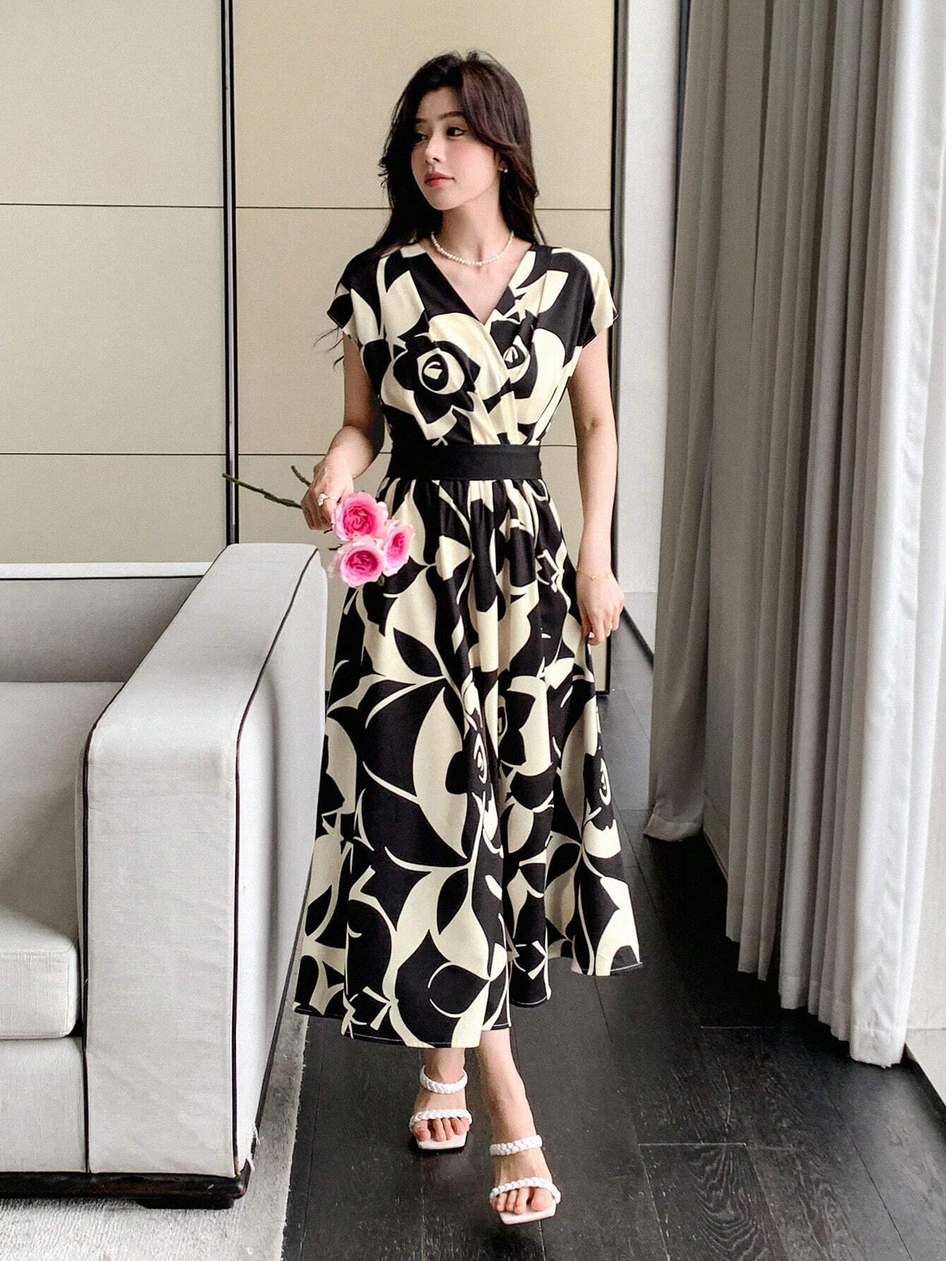 Buy SHEIN DAZY Allover Flowers Print Belted Short Dress in Pakistan