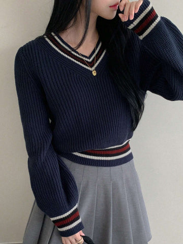 Buy SHEIN DAZY Casual Color Block V-Neck Sweater For Women in Pakistan