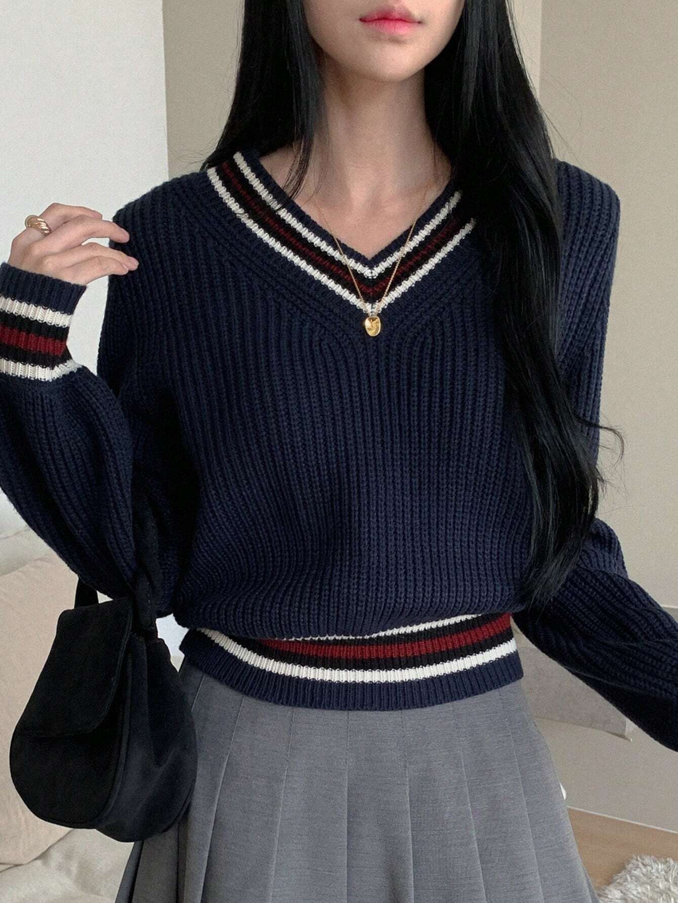 Buy SHEIN DAZY Casual Color Block V-Neck Sweater For Women in Pakistan