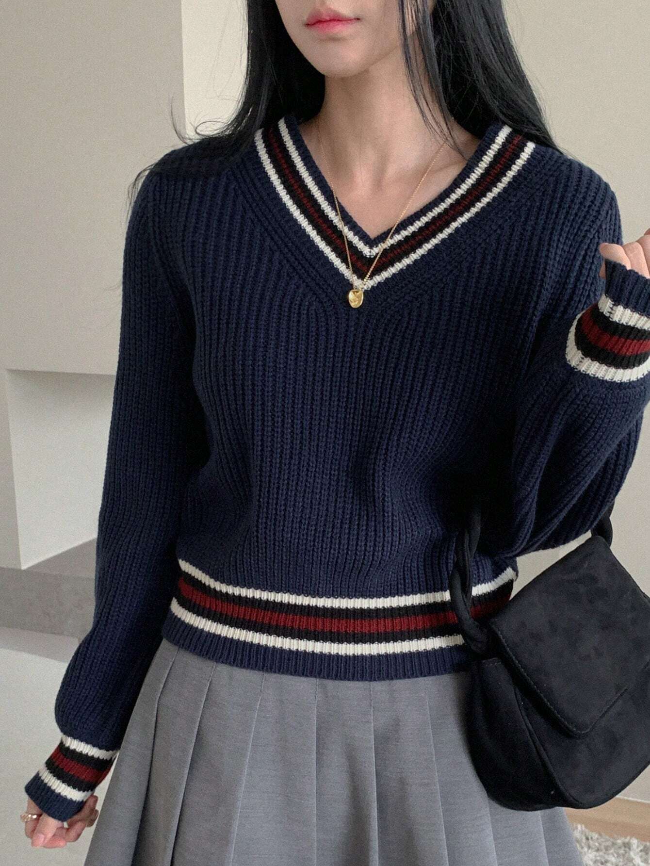 Buy SHEIN DAZY Casual Color Block V-Neck Sweater For Women in Pakistan