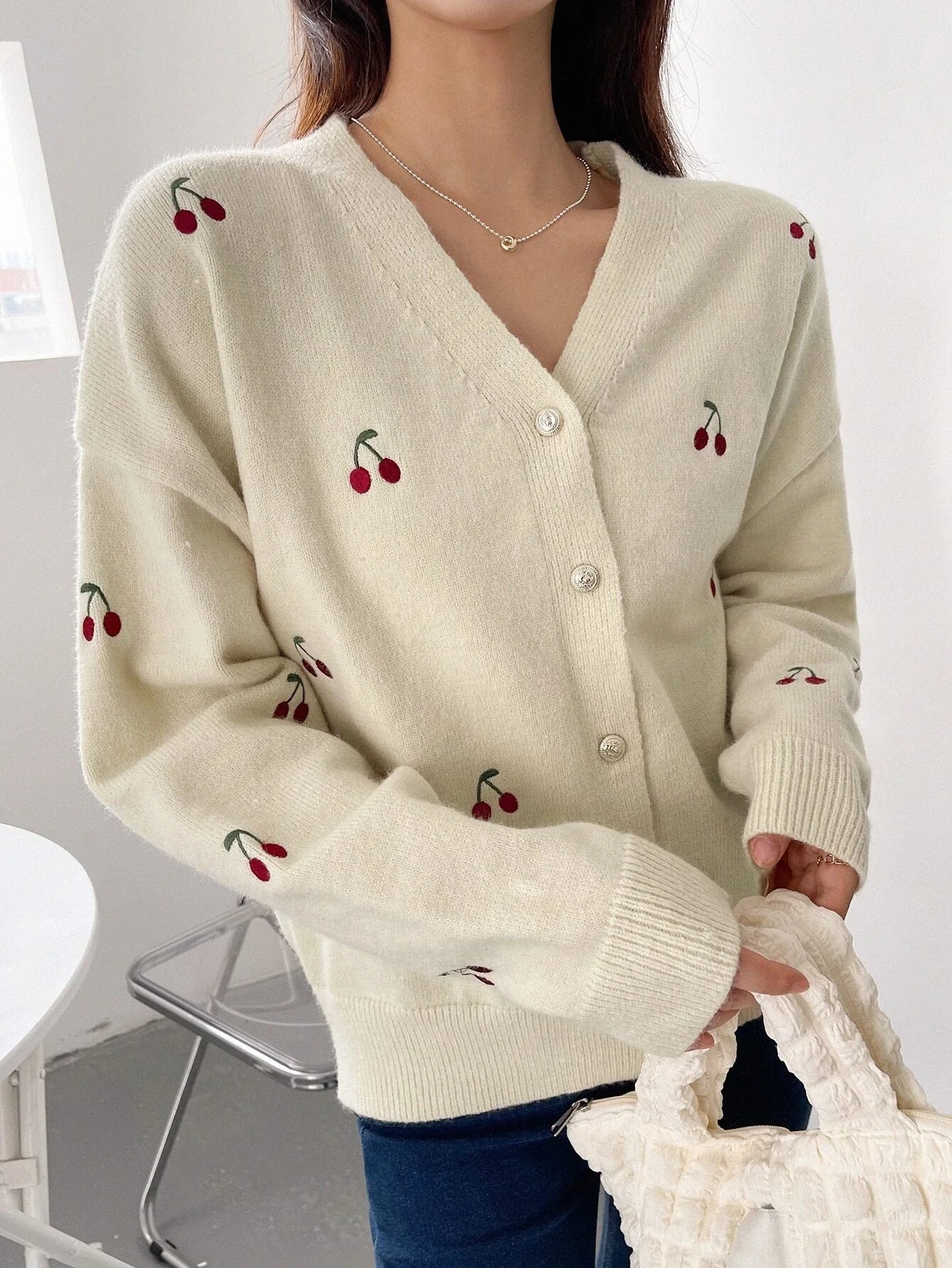 Buy SHEIN DAZY Cherry Embroidery Drop Shoulder Cardigan,Long Sleeve Tops in Pakistan