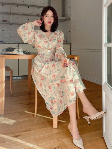 Buy SHEIN DAZY Chiffon Bohemian Floral Print V-Neck Dress With Buttons, Long Sleeve, High Waisted And Floor-Length in Pakistan