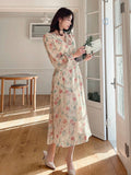 Buy SHEIN DAZY Chiffon Bohemian Floral Print V-Neck Dress With Buttons, Long Sleeve, High Waisted And Floor-Length in Pakistan