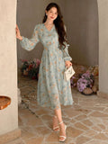 Buy SHEIN DAZY Chiffon Ditsy Floral V-Neck Cinched Waist High Waist Long Sleeve Dress in Pakistan
