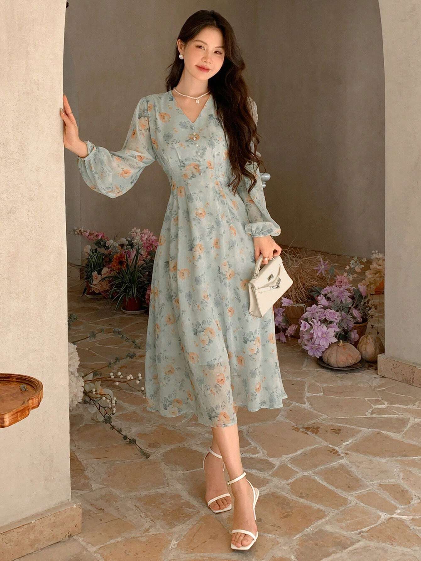 Buy SHEIN DAZY Chiffon Ditsy Floral V-Neck Cinched Waist High Waist Long Sleeve Dress in Pakistan