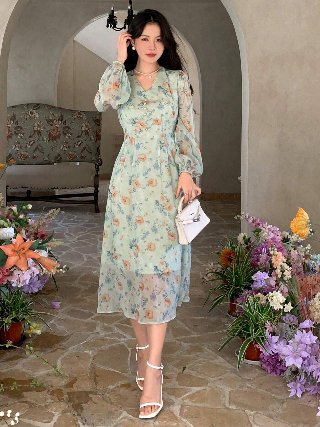 Buy SHEIN DAZY Chiffon Ditsy Floral V-Neck Cinched Waist High Waist Long Sleeve Dress in Pakistan