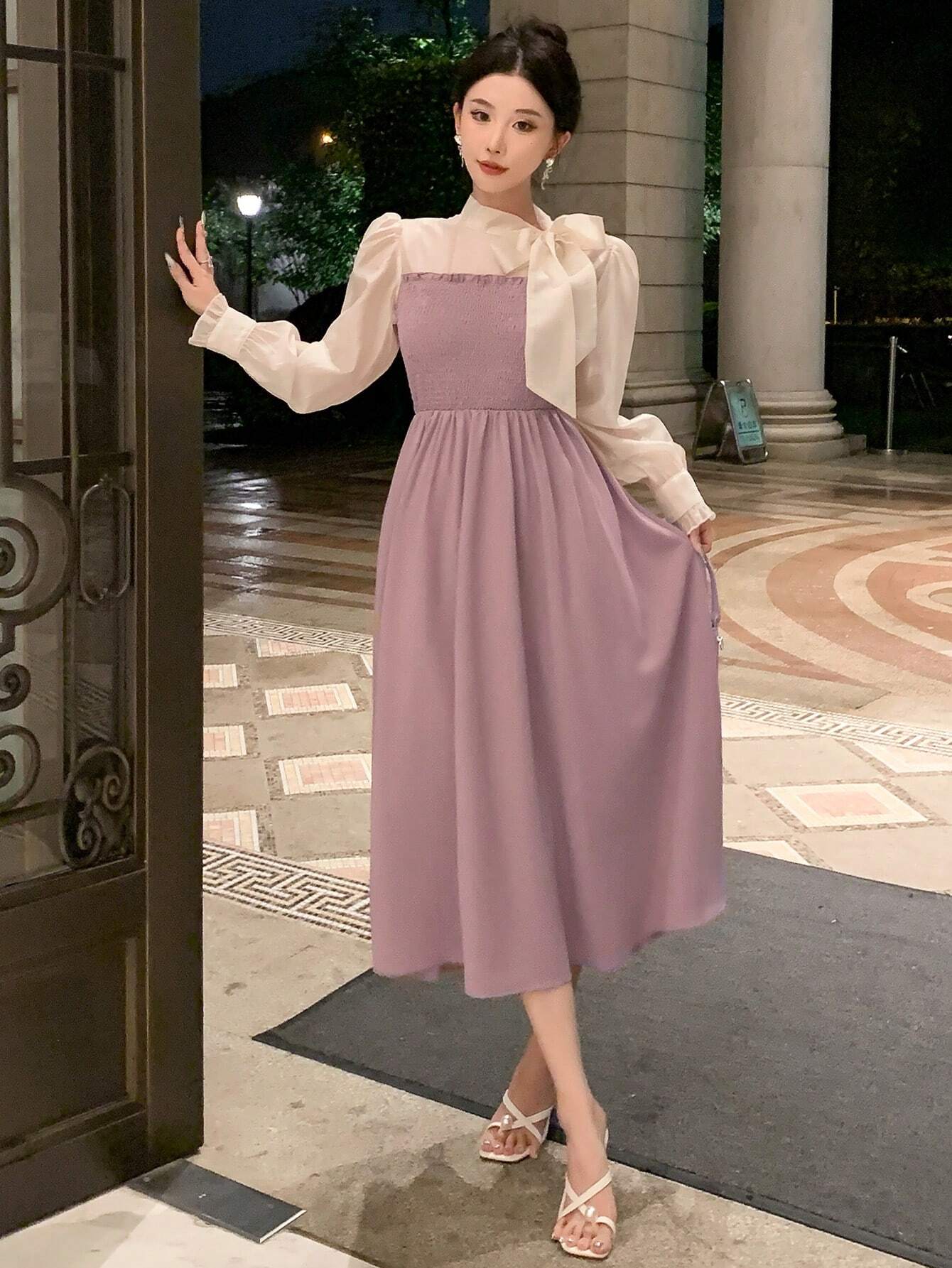 Buy SHEIN DAZY Colorblock Tie Neck Puff Sleeve Elegant Dress in Pakistan