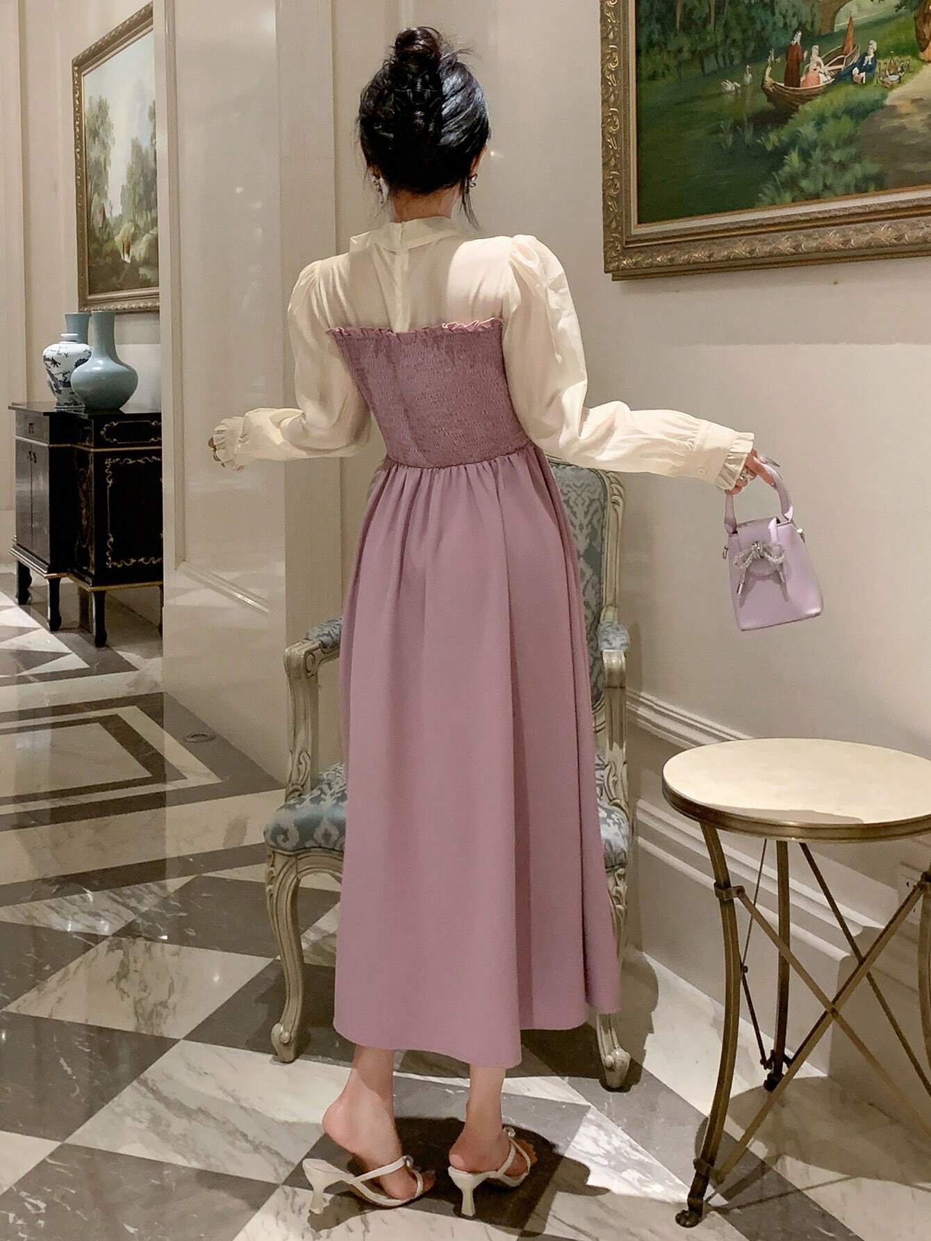 Buy SHEIN DAZY Colorblock Tie Neck Puff Sleeve Elegant Dress in Pakistan