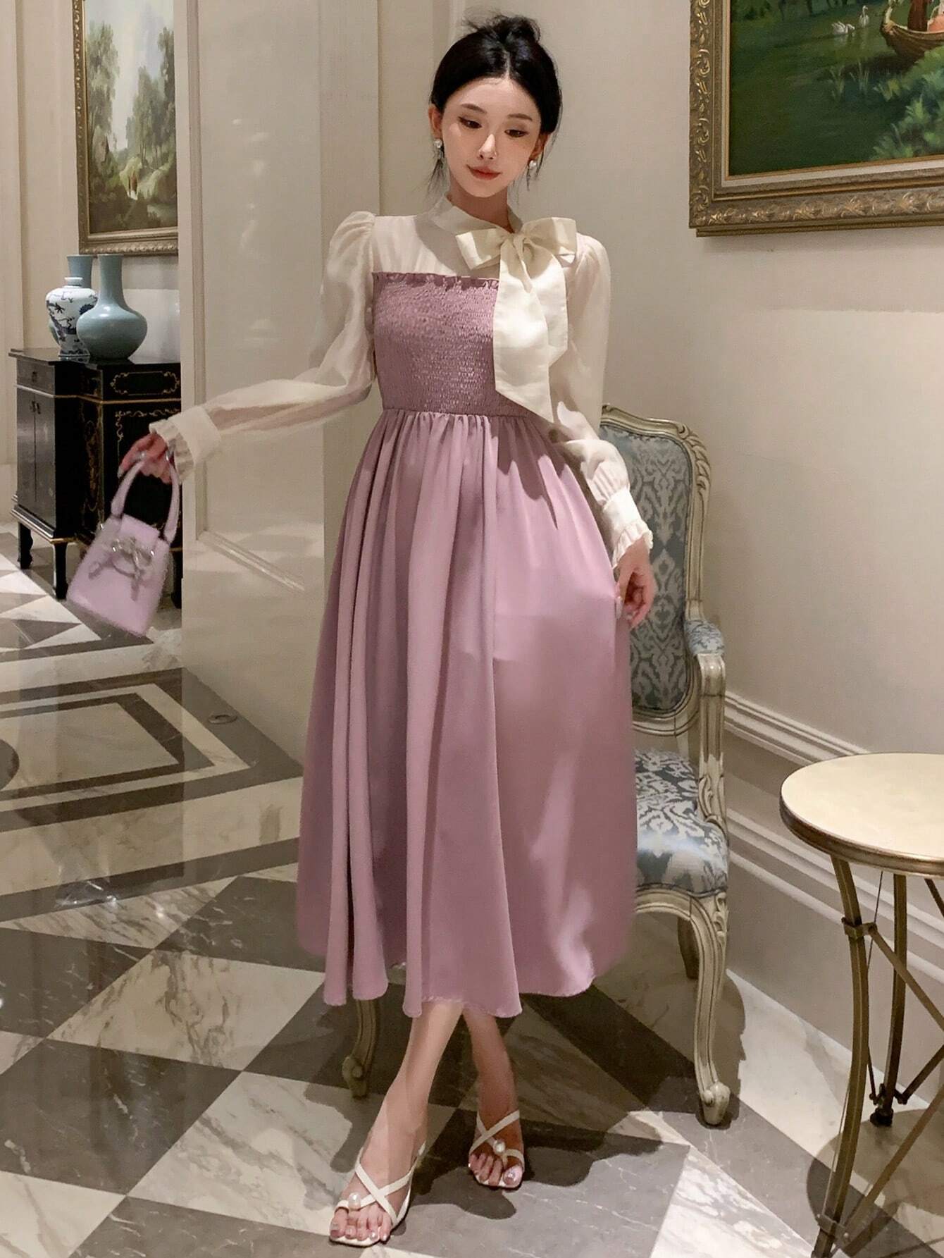 Buy SHEIN DAZY Colorblock Tie Neck Puff Sleeve Elegant Dress in Pakistan