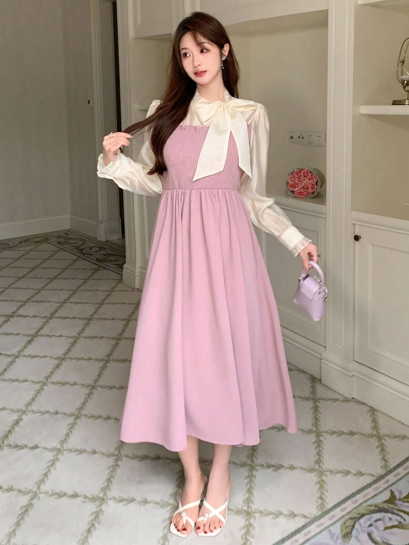 Buy SHEIN DAZY Colorblock Tie Neck Puff Sleeve Elegant Dress in Pakistan