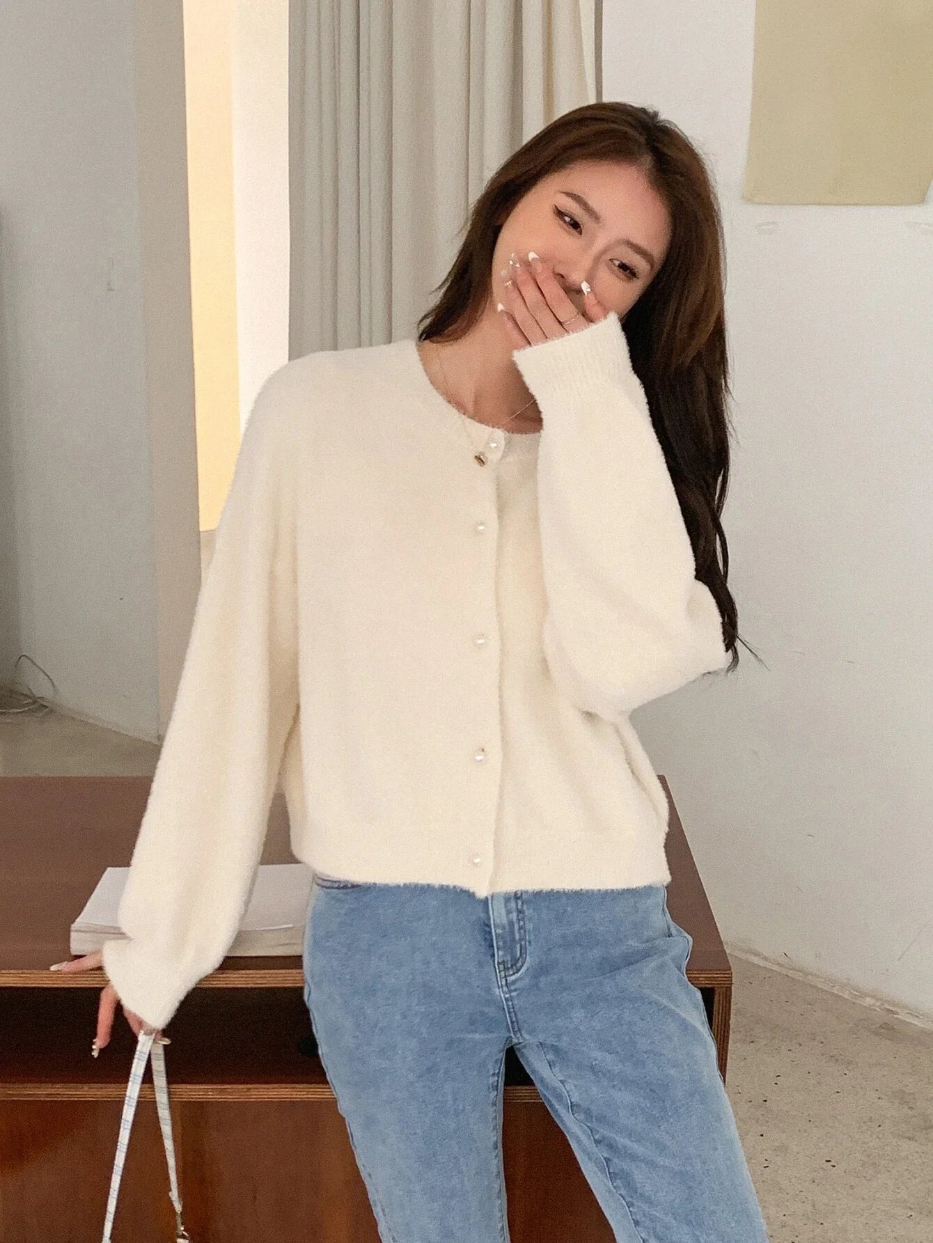 Buy SHEIN DAZY Drop Shoulder Fluffy Knit Button Front Cardigan in Pakistan