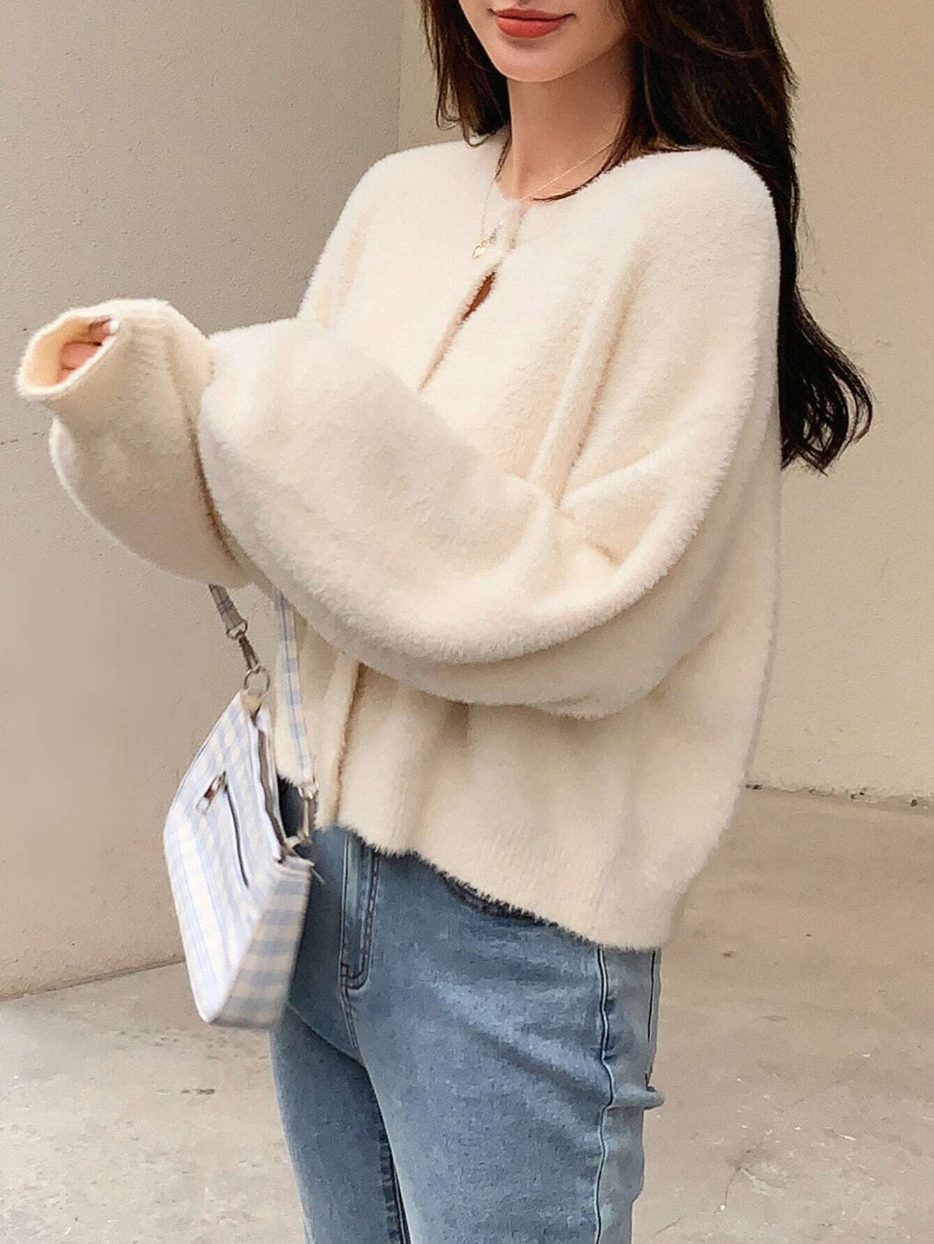 Buy SHEIN DAZY Drop Shoulder Fluffy Knit Button Front Cardigan in Pakistan